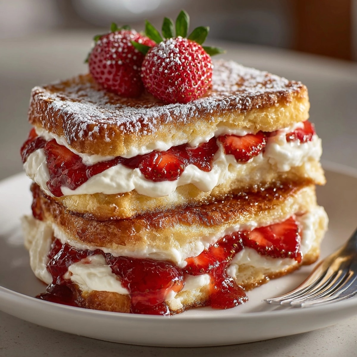 Golden fried strawberry cheesecake sandwiches dusted with powdered sugar and bursting with creamy filling.