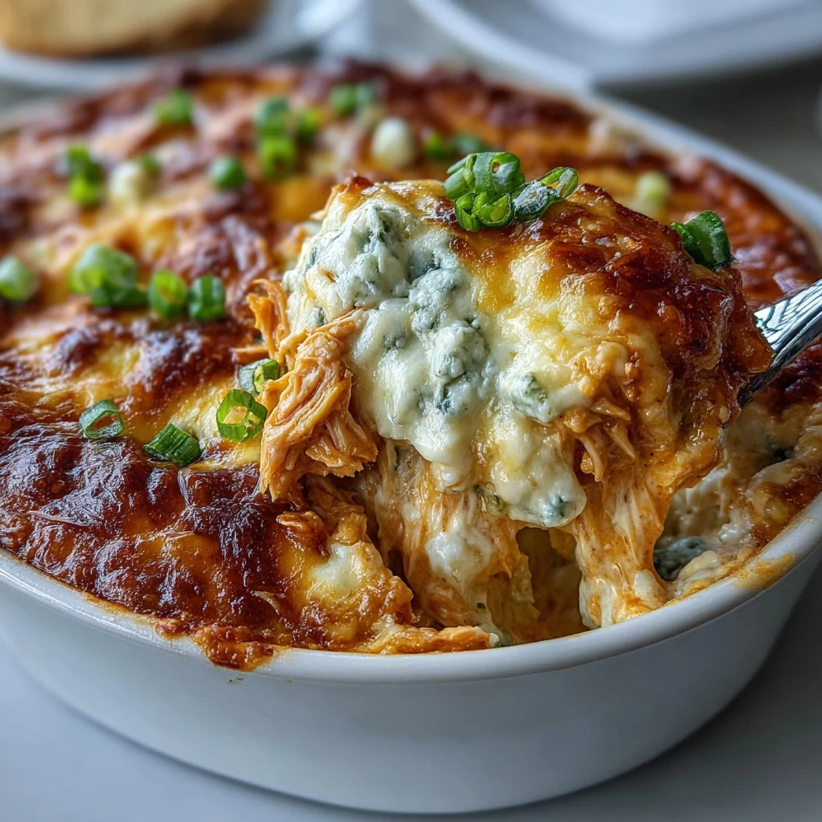 Golden, bubbly Buffalo Chicken Dip in a white baking dish, garnished with green onions and served with tortilla chips and celery sticks.
