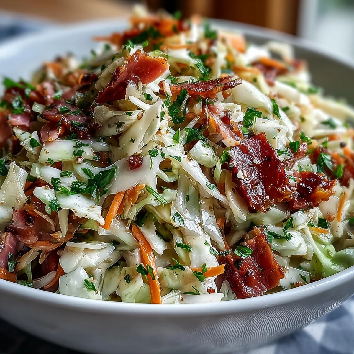 Freshly shredded green and red cabbage tossed with grated carrot, red onion, and smoky ham in a tangy German-style dressing, garnished with parsley.