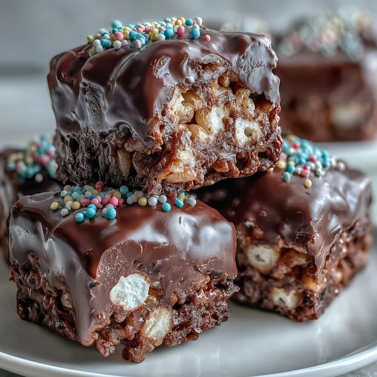 Chocolate Covered Rice Krispy Treats resting on parchment, glossy dark chocolate layer with colorful sprinkles on a rustic wooden table.