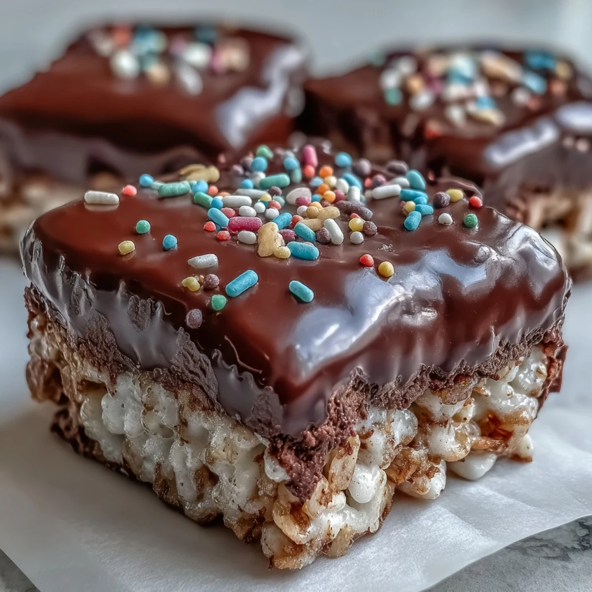 Homemade Chocolate Covered Rice Krispy Treats with melted chocolate topping, ready to slice into party squares from a glass pan.