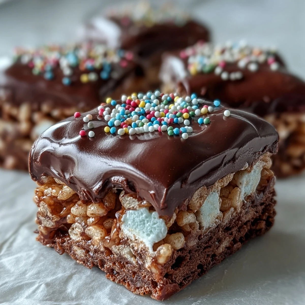 Freshly cut Chocolate Covered Rice Krispy Treats bars stacked on a plate, crunchy cereal and gooey marshmallow center visible.