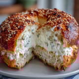 Fluffy high-protein cottage cheese bagels on a baking sheet, golden brown and topped with sesame seeds for extra crunch.