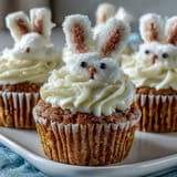 Easter Bunny Carrot Cake Cupcakes with cream cheese frosting and marshmallow bunny ears, decorated with candy eyes and pink noses for a festive spring dessert.