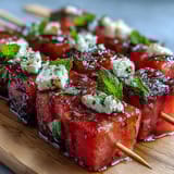 Vibrant skewers of watermelon and feta cheese drizzled with olive oil, perfect for summer parties and gatherings.