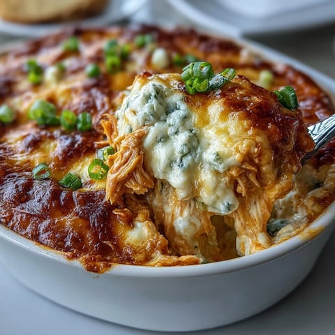Golden, bubbly Buffalo Chicken Dip in a white baking dish, garnished with green onions and served with tortilla chips and celery sticks.