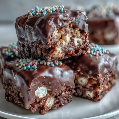 Chocolate Covered Rice Krispy Treats resting on parchment, glossy dark chocolate layer with colorful sprinkles on a rustic wooden table.