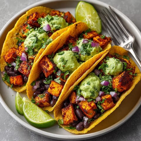 Hearty chipotle-lime sweet potato & black bean tacos served with tangy avocado crema and fresh toppings.