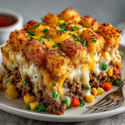 Comfort food classic Cheesy Tater Tot Hotdish served warm in a casserole dish, golden tots on top.