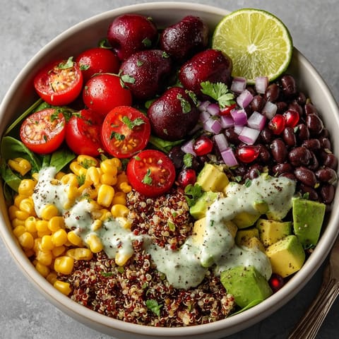 Colorful Cherry-Coded Southwest Quinoa Power Bowl with Pomegranate, served in a white ceramic bowl and drizzled with zesty lime-cilantro dressing.
