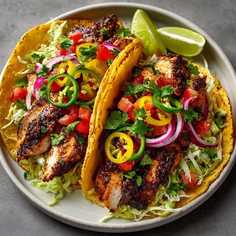 Vibrant Southwest Spice Pickle Margarita Chicken Tacos with zesty marinated chicken and colorful garnishes.