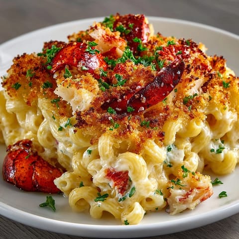 Creamy East Coast Lobster Roll Mac and Cheese Bake served hot, garnished with fresh chives.