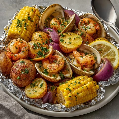 Juicy shrimp, clams, and cherry tomatoes in East Coast Clam Bake Foil Packets ready to eat.