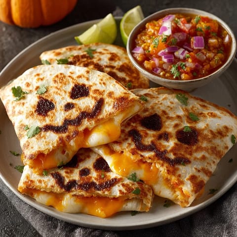 Crispy, cheesy Jack-o'-Lantern Quesadillas ready to be sliced, served with a tangy pumpkin salsa.