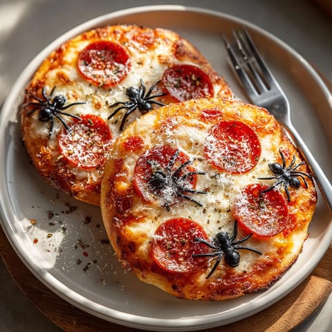 Mini naan pizzas become fun Spooky Olive-Spider Mini Pizzas, baked with pepperoni and cheesy webs.