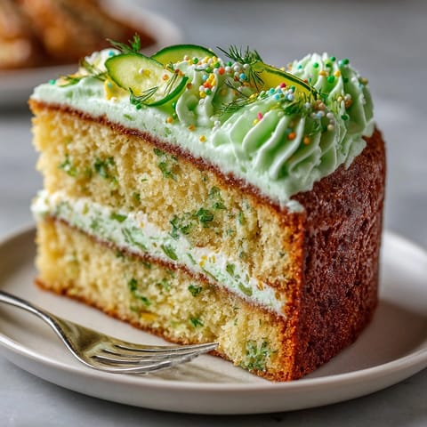 A slice of moist and vibrant Pickle Buttercream Birthday Cake with dill pickles and sprinkles, perfect for an unusual celebration.