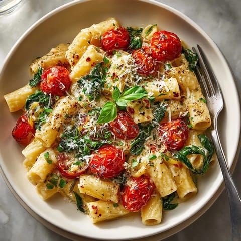 This One-Pot Pasta with Cherry Tomato Burst is a luscious, creamy meal, ready in just thirty minutes.
