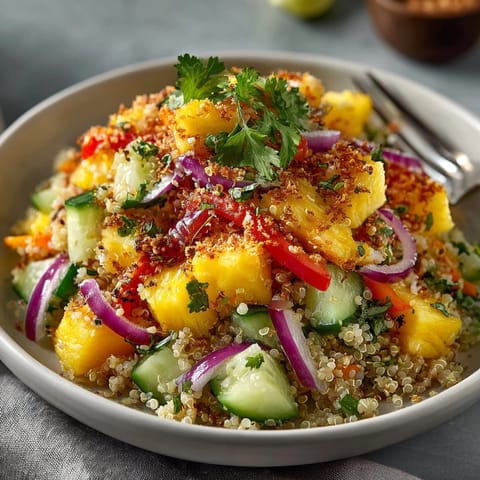 A bright photo of a fully assembled Tropical Quinoa Bowl, ready to eat with fresh toppings.