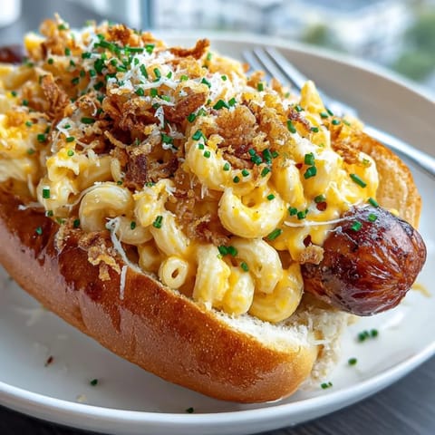 Golden-brown Mac and Cheese Stuffed Hot Dogs, brimming with creamy macaroni, ready to eat.