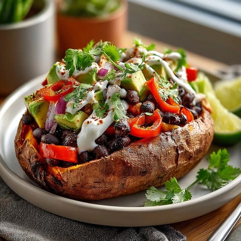 A close-up of a baked sweet potato, loaded high with flavorful black beans and lime crema.