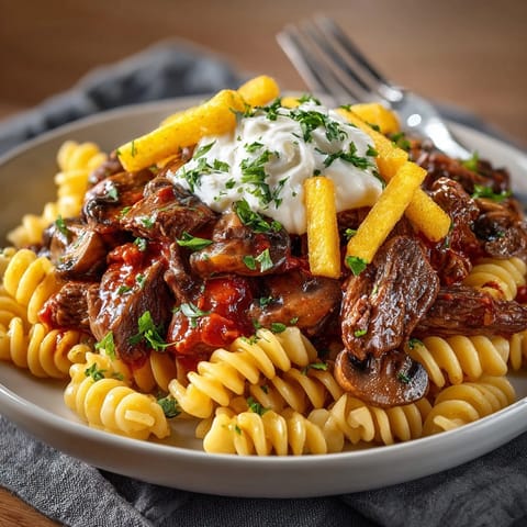Savory Brazilian Stroganoff Pasta in a tomato-cream sauce, crowned with crispy potato sticks.