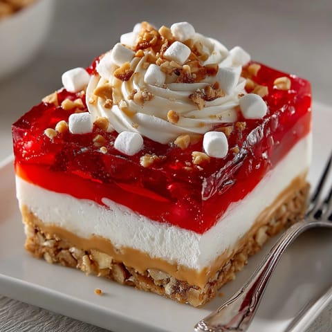 Colorful Peanut Butter Jello Salad featuring creamy peanut layer over vibrant strawberry gelatin base.