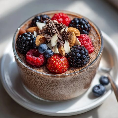 Creamy protein-packed chocolate chia pudding served for breakfast with sliced almonds and raspberries