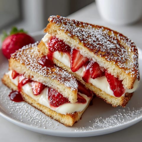 Close-up of fried strawberry cheesecake sandwiches featuring juicy strawberries and toasted brioche bread.