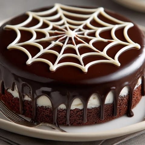 Halloween-ready chocolate spiderweb cake, fresh from the oven, with smooth, decadent ganache.