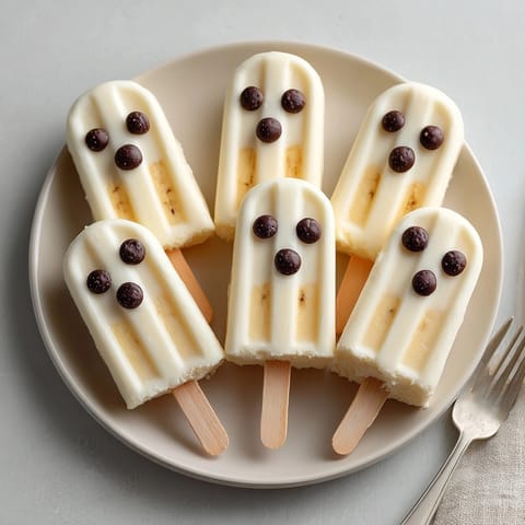 Homemade Boo-nana Yogurt Ghost Pops, a delightful and chillingly sweet Halloween treat on a stick.