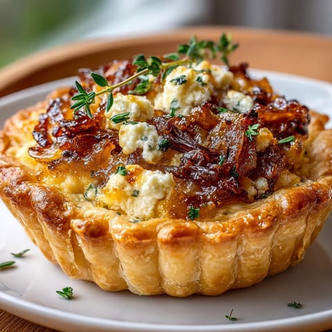 Close-up of creamy Caramelized Onion &amp; Goat Cheese Tartlets, garnished with fresh thyme.
