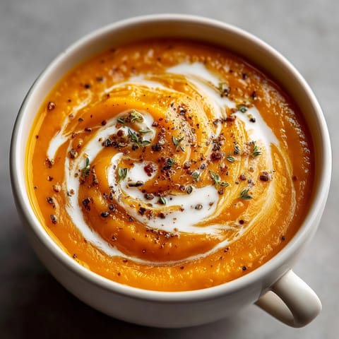 Golden Roasted Pumpkin and Apple Soup with aromatic cinnamon, served in a speckled bowl.