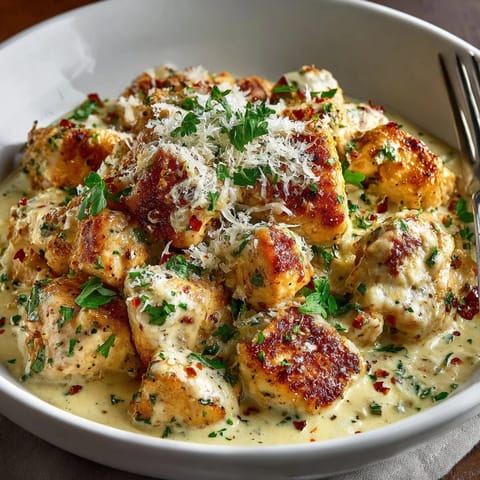 Savory Creamy Garlic Chicken recipe plated with parsley garnish; a comforting, flavorful main dish.