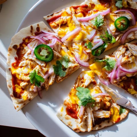 Tangy, colorful Mango BBQ Chicken Flatbread recipe, ready to eat, a quick weeknight meal.