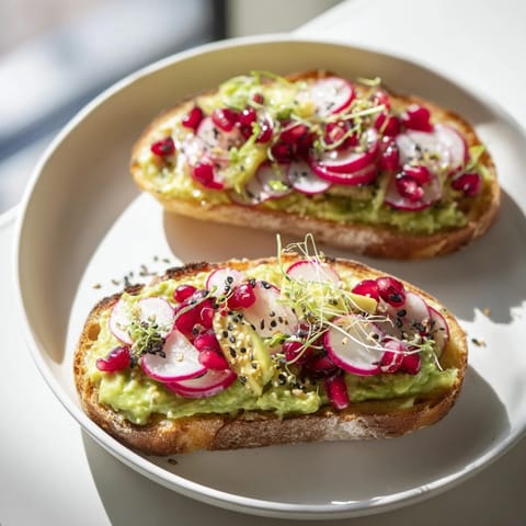 Colorful breakfast toasts showcasing creamy avocado, ube spread, and crunchy radishes.  
