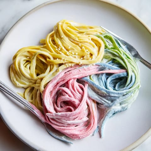 Vibrant Neon Noodle Cloud dish displaying distinct colors, garnished with edible flowers.  