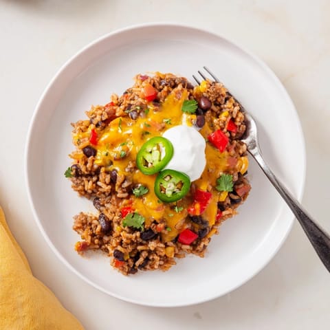 Delicious Tex-Mex Beef & Rice Casserole served warm, bursting with flavor and comfort.  