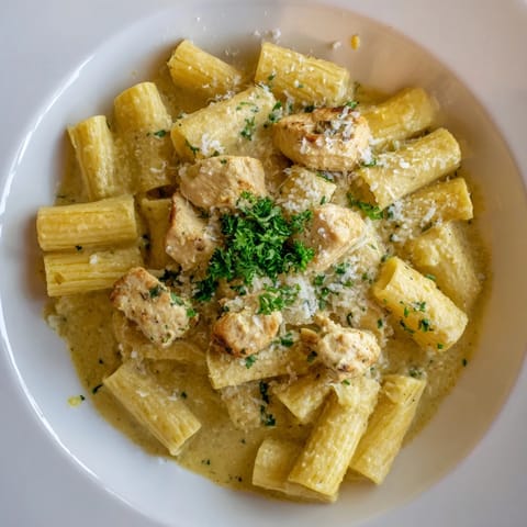 A rich, cheesy bowl of Creamy Garlic Parmesan Chicken Rigatoni, ready to be enjoyed with family.