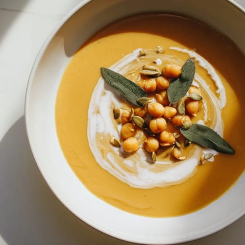 Creamy, golden Chickpea, Pumpkin & Sage Soup: a vegan, gluten-free delight, perfect for autumn evenings.