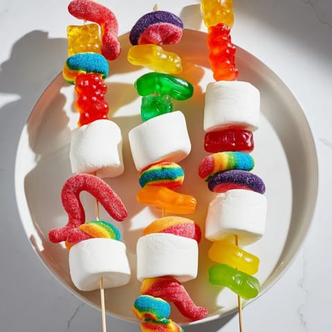 Delectable assortment of gummy candy kabobs: fruit rings and slices threaded for a fun, party-ready treat.