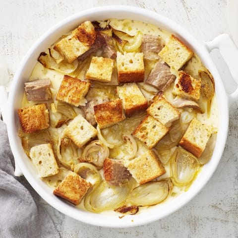 Hearty French Onion Pot Roast Casserole with fork-tender beef and golden, caramelized onions, so flavorful.