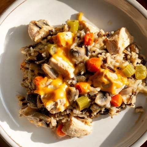 Creamy Chicken and Wild Rice Bake, a comforting casserole with melted cheese topping and herbs.