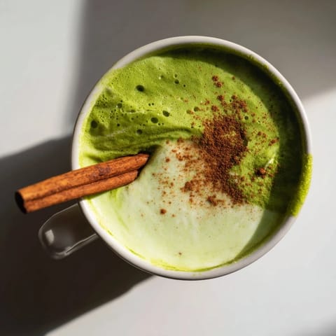 A vibrant close-up of a frothy Maple Cinnamon Gingerbread Matcha Oat Latte, perfect for a vegan breakfast.