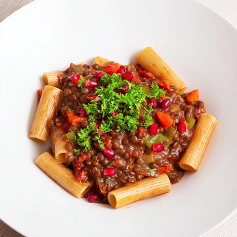 A rich, red-hued photo of this cozy High-Fiber Lentil Bolognese, a hearty pasta meal for winter.