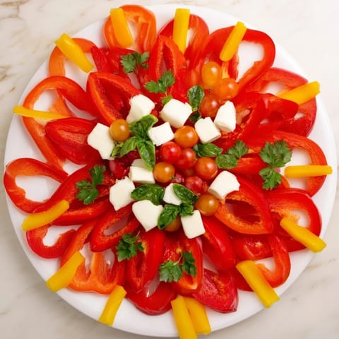 Vibrant Festive Poinsettia Platter appetizer, a beautiful, colorful arrangement of fresh veggies and cheeses.