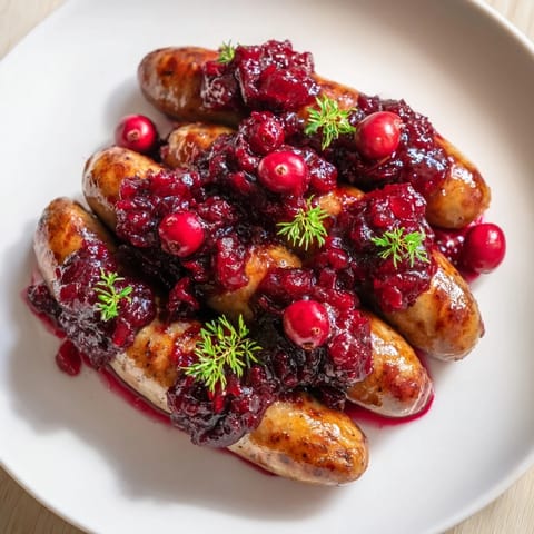 Close-up of savory Festive Holly Berry Sausage Bites, perfect appetizers for your holiday party.