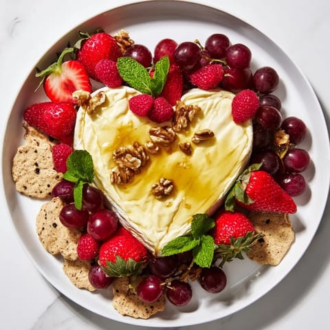 This Sweetheart Brie and Jam Board features vibrant fruit, a honey drizzle, and perfect cracker pairings.
