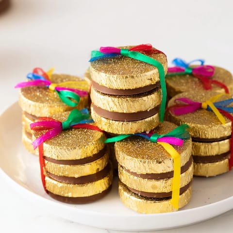 Festive holiday display of chocolate gold coin stacks, ready to be enjoyed as a tasty treat.