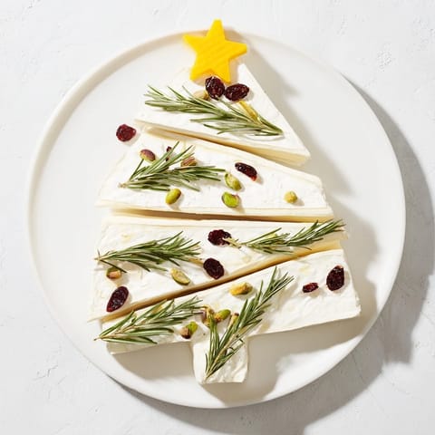 A beautiful Simple Brie Triangle Cheese Tree, boasting creamy Brie wedges with bright red cranberry accents.