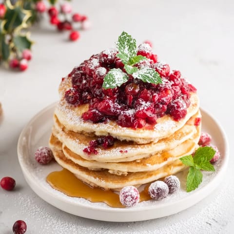 This brunch board spotlights a stack of fluffy pancakes with a sweet and tart berry holly garnish.